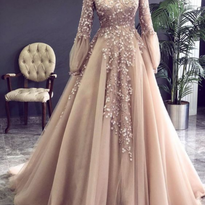 Champagne Prom Dress, Long Sleeve Prom Dress, A..