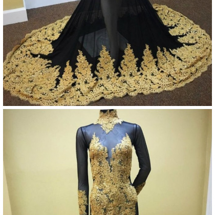 Long Sleeves Black Mermaid Prom Dress With Gold..