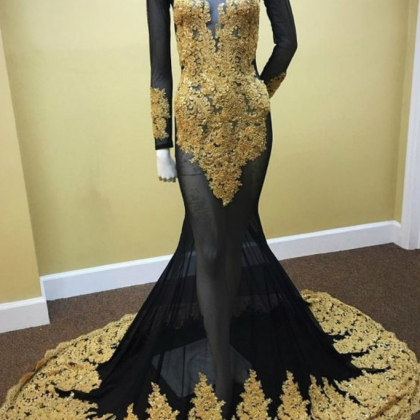 Long Sleeves Black Mermaid Prom Dress With Gold..