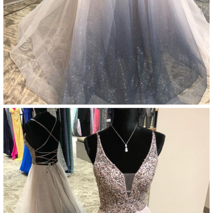 V Neck Criss Cross Back Beading Top Tulle Prom Dress LBQ0010