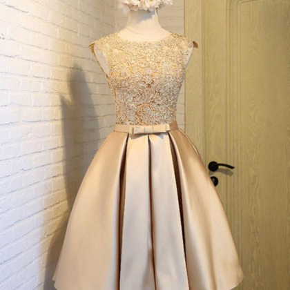 Champagne Lace Short Prom Dress, Cute Homecoming..
