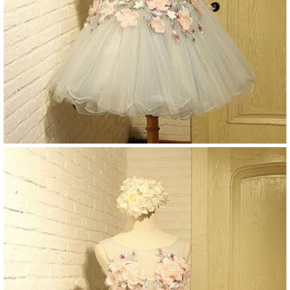 Cute Round Neck Tulle Lace Applique Short Prom..