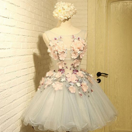 Cute Round Neck Tulle Lace Applique Short Prom..