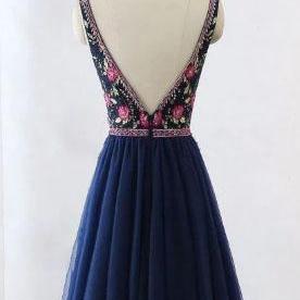 V-neck Floral Embroidery Navy Blue Short..