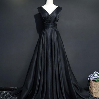 Simple Black V Neck Long Prom Dress, Black Evening..