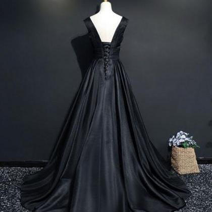Simple Black V Neck Long Prom Dress, Black Evening..