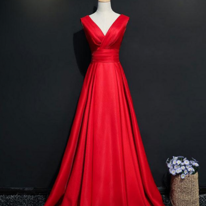 Simple Red V Neck Long Prom Dress, Red Evening..