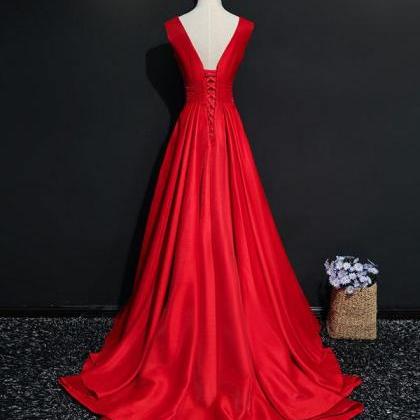 Simple Red V Neck Long Prom Dress, Red Evening..
