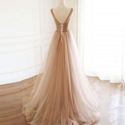 V Neck Tulle Beads Long Prom Dress Evening Dress