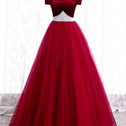 Burgundy Tulle Off The Shoulder Prom Dress With..