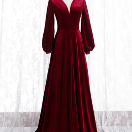 Burgundy Velvet V-neck Long Sleeve Long Prom Dress