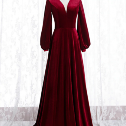 Burgundy Velvet V-neck Long Sleeve Long Prom Dress on Luulla