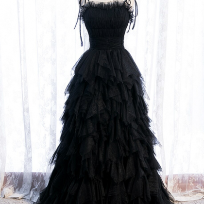 Black Tulle Spagehtti Straps Pleats Tiers Prom..