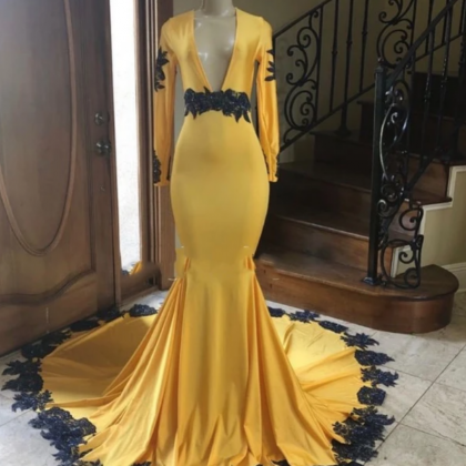 2021 Deep V-neck Long Sleeve Mermaid Prom Dresses