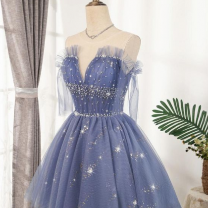 Flowy Cute A-line Blue Homecoming Dresses Short..