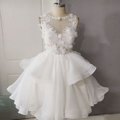 White Round Neck Tulle Lace Short Prom Dress,..