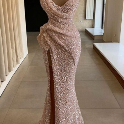 Sparkly One Shoulder Sequin Pink Prom Dresses With..