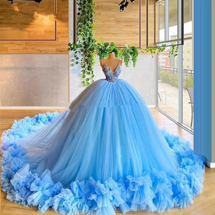 Sky Blue Tulle Puffy Prom Ball Dresses 2021..