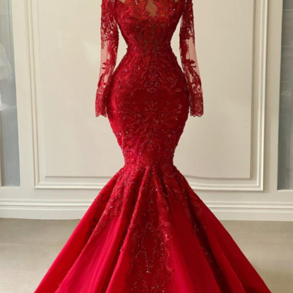 Arabic Aso Ebi Red Luxurious Lace Beaded Evening..