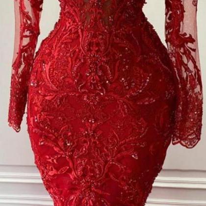 Arabic Aso Ebi Red Luxurious Lace Beaded Evening..