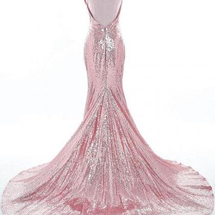 Pink Sequins Halter Long Mermaid Shinny Prom..