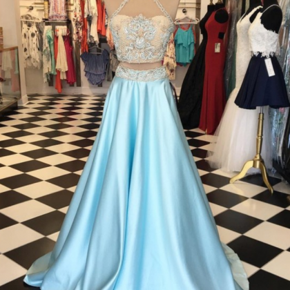 Light Blue Prom Dress, High Neck Prom Dress, A..