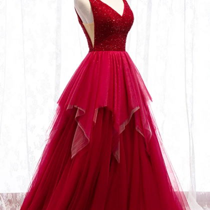 Prom Dresses,tulle Crystal V Neck Long Lace Up..