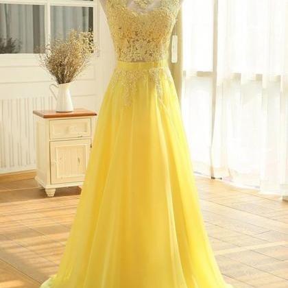 Prom Dresses,yellow Chiffon And Lace A-line Prom..