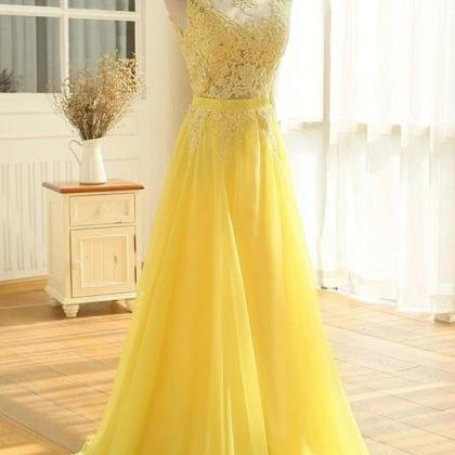 Prom Dresses,yellow Chiffon And Lace A-line Prom..