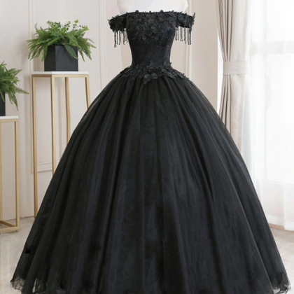 Prom Dresses,black Tulle Off Shoulder Lace Long..