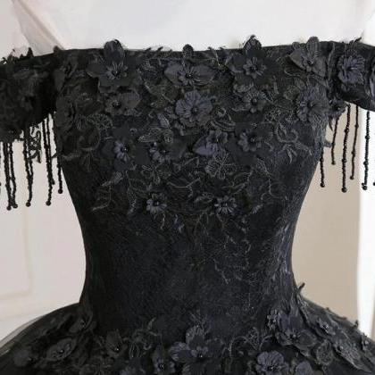 Prom Dresses,black Tulle Off Shoulder Lace Long..