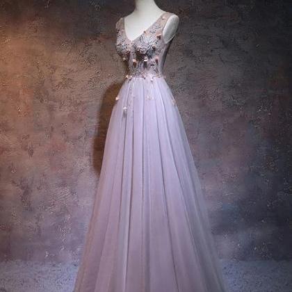 Prom Dresses, Simple V Neck Beads Tulle Long Prom..