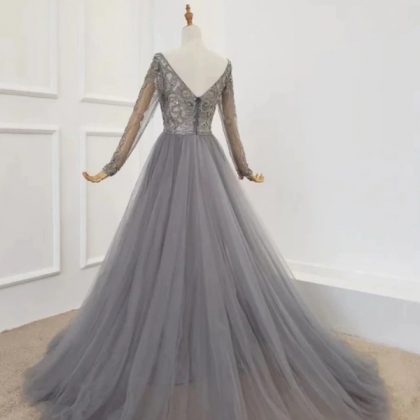 A Line Beading V Neck Tulle Prom Dress LBQ2572