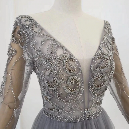 A Line Deep V Neck Tulle Prom Dresses with Beadings LBQ0584 main image 1