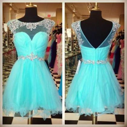 Turquoise Mini Short Homecoming Dress, V-neck With..