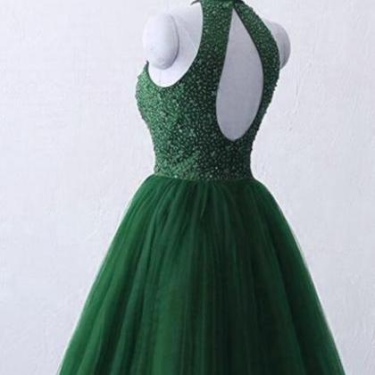 Shiny V Neck Backless Beaded Green Tulle Long Evening Prom Dress, Green Lace Formal Dress, Beaded Evening Dress