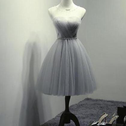 Grey Tulle Short Round Neckline Beaded Homecoming..