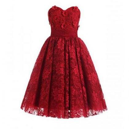 Red Lace Flowers Sweetheart Party Dress, Lace..