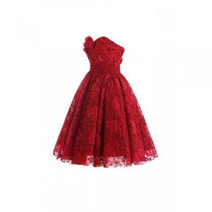 Red Lace Flowers Sweetheart Party Dress, Lace..