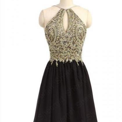 Lovely Short Black Chiffon And Gold Lace Halter..