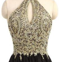 Lovely Short Black Chiffon And Gold Lace Halter..