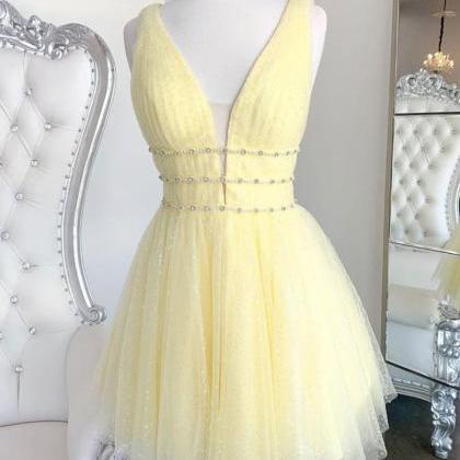 Cute Yellow V Neck Tulle Beads Short Prom Dress,..