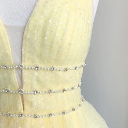 Cute Yellow V Neck Tulle Beads Short Prom Dress,..