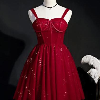 Dark Red Off Shoulder Knee Length Tulle Homecoming Dress, Wine Red Cute Party Dress