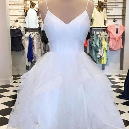 White V Neck Tulle Short Prom Dress, White..