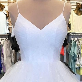 White V Neck Tulle Short Prom Dress, White..