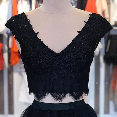 Black Lace Two Pieces Short Sleeve Side Slit Long Prom Dresses PL250 main image 0