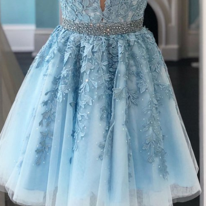 Blue V Neck Lace Tulle Short Prom Dress, Blue..