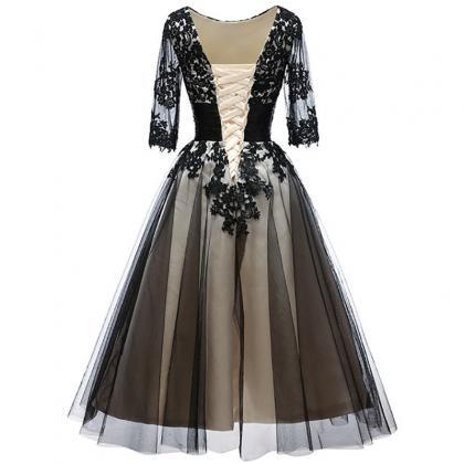 A-Line/Princess V-Neck Half Sleeves Tea Length Mother of the Bride & Groom Dresses with Lace Appliques main image 1