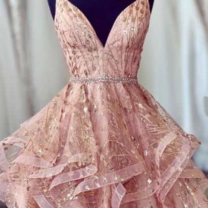 Sequin Pink Lace Tulle Short Prom Dress, Open Back..